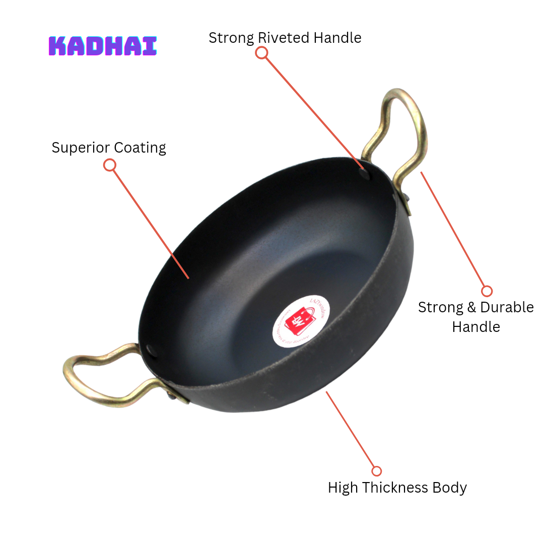 LAZYwindow Traditional Iron Kadhai Deep Bottom Kadai / Fry Pan / Frying Kadhai with Handle Dia 19 cm