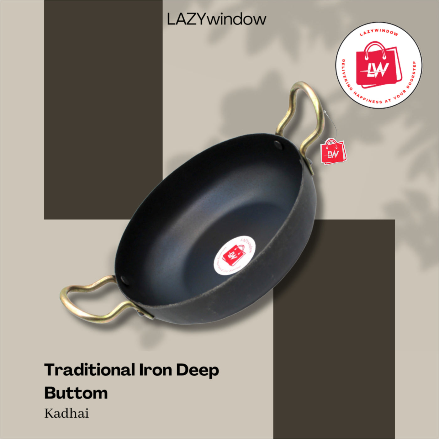 LAZYwindow Traditional Iron Kadhai Deep Bottom Kadai / Fry Pan / Frying Kadhai with Handle Dia 19 cm