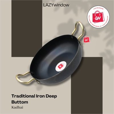 LAZYwindow Traditional Iron Kadhai Deep Bottom Kadai / Fry Pan / Frying Kadhai with Handle Dia 19 cm