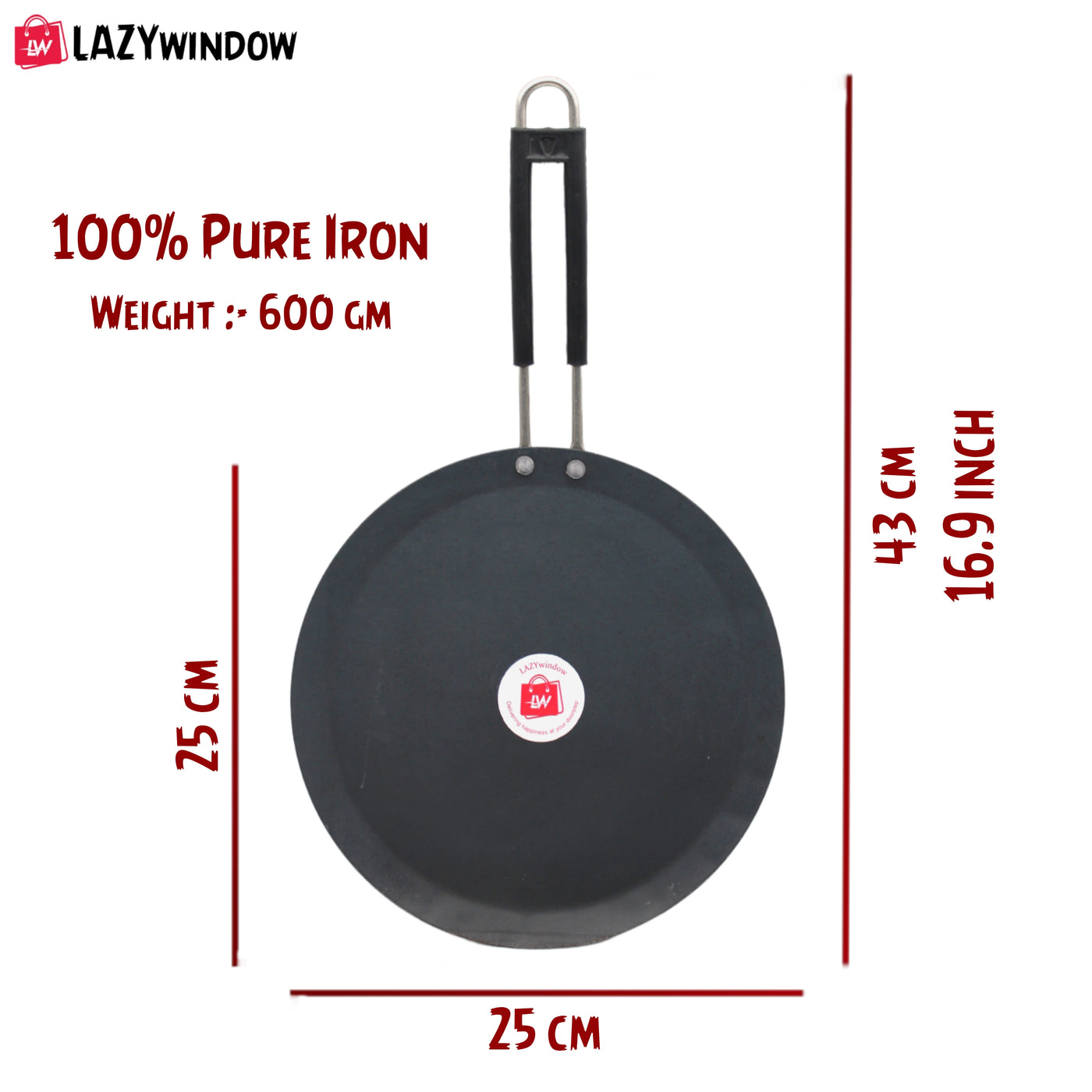 LAZYwindow Induction base flat Iron Tawa with insulated handle Dia 24cm