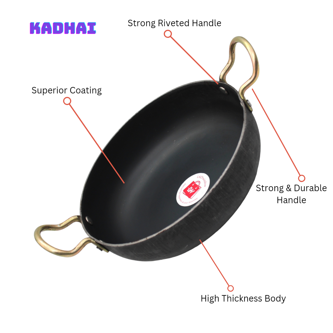 LAZYwindow Traditional Iron Kadhai Deep Bottom Kadai / Fry Pan / Frying Kadhai with Handle Dia 20 cm