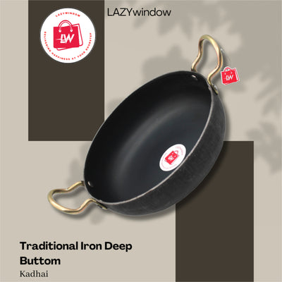 LAZYwindow Traditional Iron Kadhai Deep Bottom Kadai / Fry Pan / Frying Kadhai with Handle Dia 20 cm