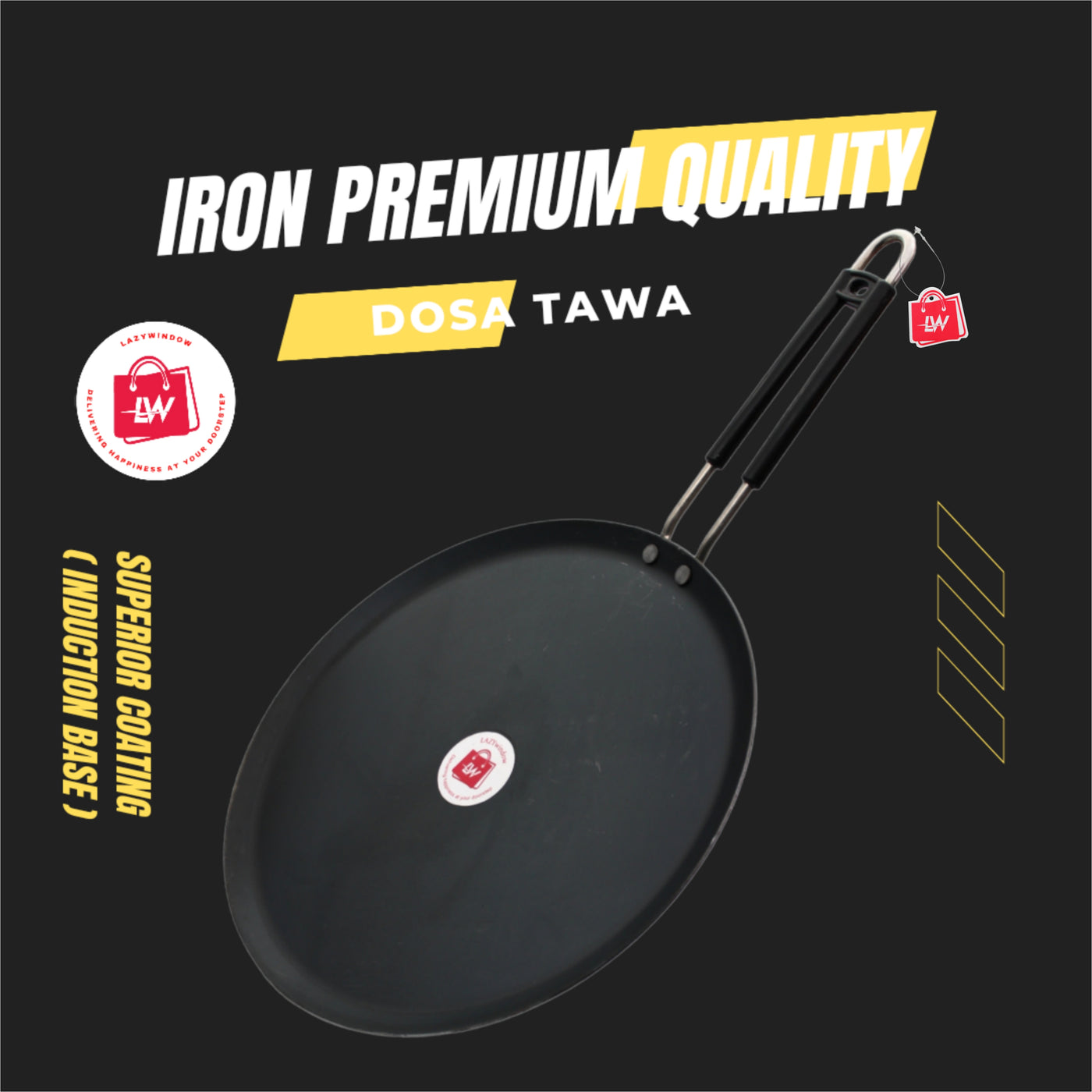 LAZYwindow Induction base flat Iron Tawa with insulated handle (25cm) Pack of 1