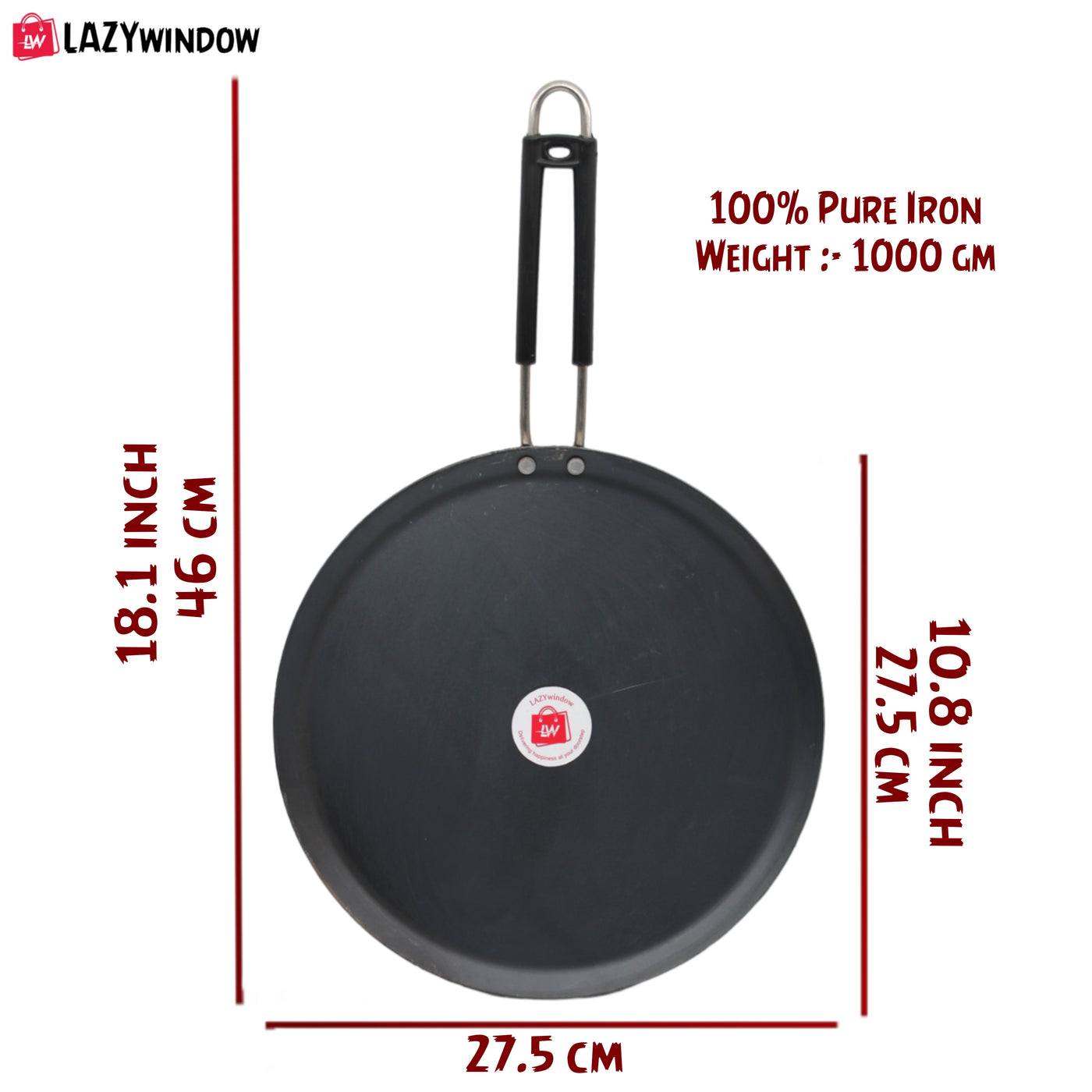 LAZYwindow Induction base flat Iron Tawa with insulated handle (25cm) Pack of 1
