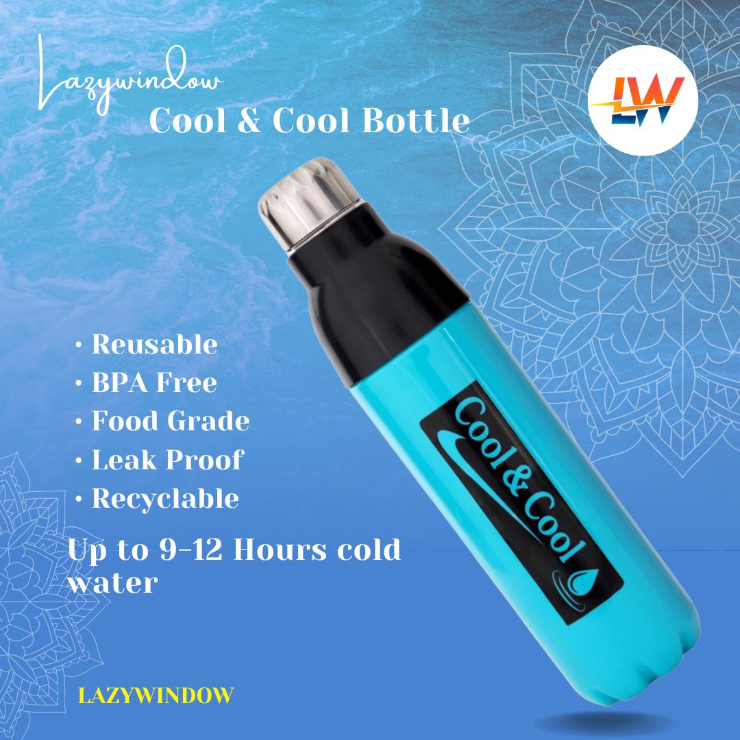 LAZYwindow Premium Quality Cool & Cool 1000ml Sky Blue Plastic Insulated Water Bottle