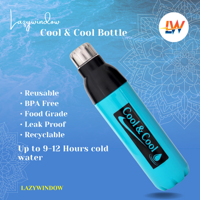 LAZYwindow Premium Quality Cool & Cool 1000ml Sky Blue Plastic Insulated Water Bottle