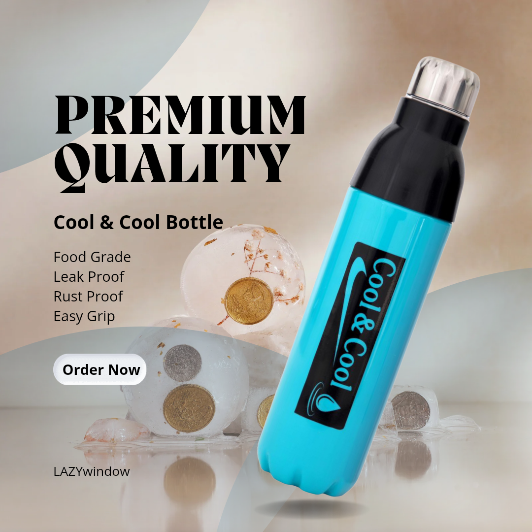 LAZYwindow Premium Quality Cool & Cool 1000ml Sky Blue Plastic Insulated Water Bottle