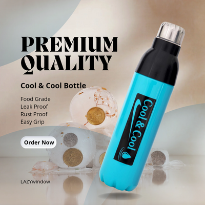 LAZYwindow Premium Quality Cool & Cool 1000ml Sky Blue Plastic Insulated Water Bottle