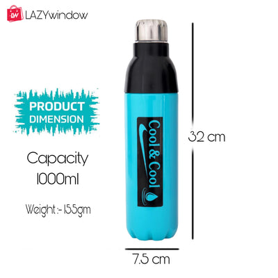 LAZYwindow Premium Quality Cool & Cool 1000ml Sky Blue Plastic Insulated Water Bottle
