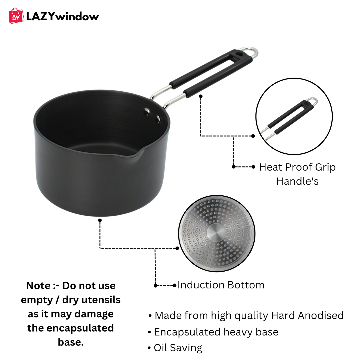 LAZYwindow Superior Quality Hard Anodised Sauce Pan - 1.5 Ltr. (Black) | Induction Base & Long-Lasting