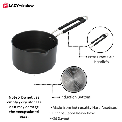 LAZYwindow Superior Quality Hard Anodised Sauce Pan - 1.5 Ltr. (Black) | Induction Base & Long-Lasting