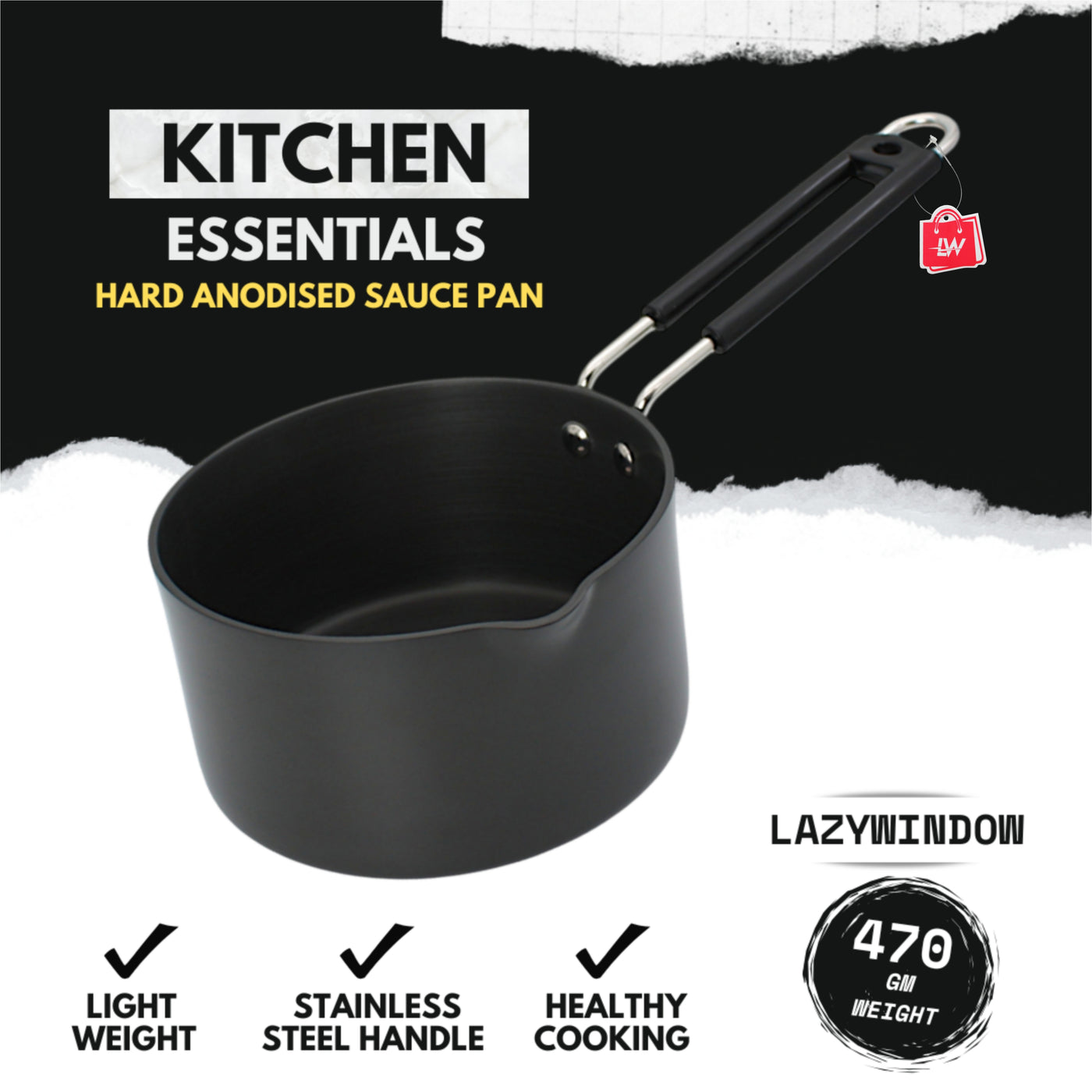 LAZYwindow Superior Quality Hard Anodised Sauce Pan - 1.5 Ltr. (Black) | Induction Base & Long-Lasting
