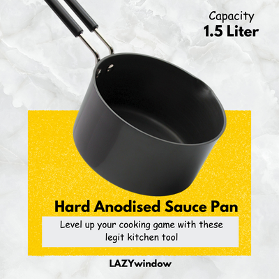 LAZYwindow Superior Quality Hard Anodised Sauce Pan - 1.5 Ltr. (Black) | Induction Base & Long-Lasting