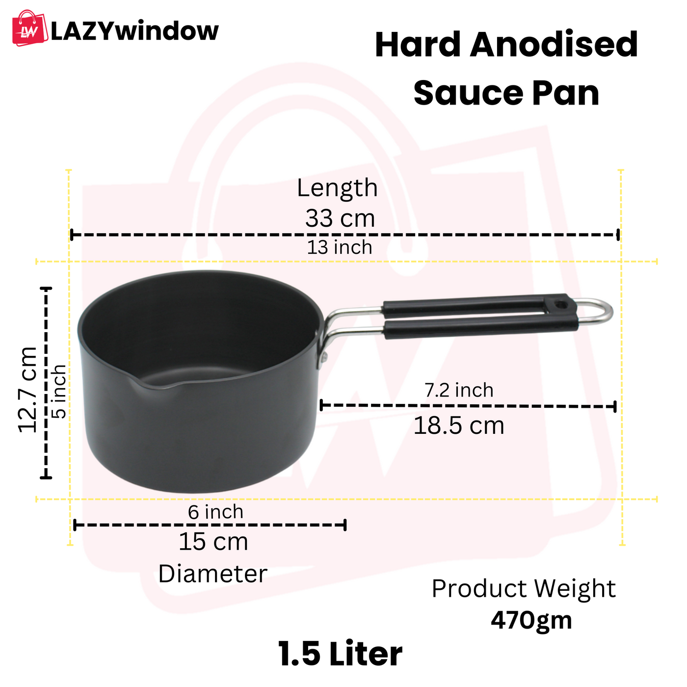 LAZYwindow Superior Quality Hard Anodised Sauce Pan - 1.5 Ltr. (Black) | Induction Base & Long-Lasting