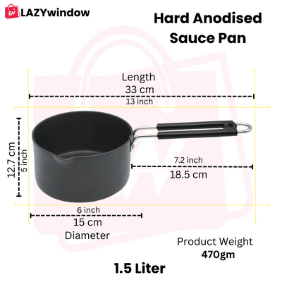 LAZYwindow Superior Quality Hard Anodised Sauce Pan - 1.5 Ltr. (Black) | Induction Base & Long-Lasting