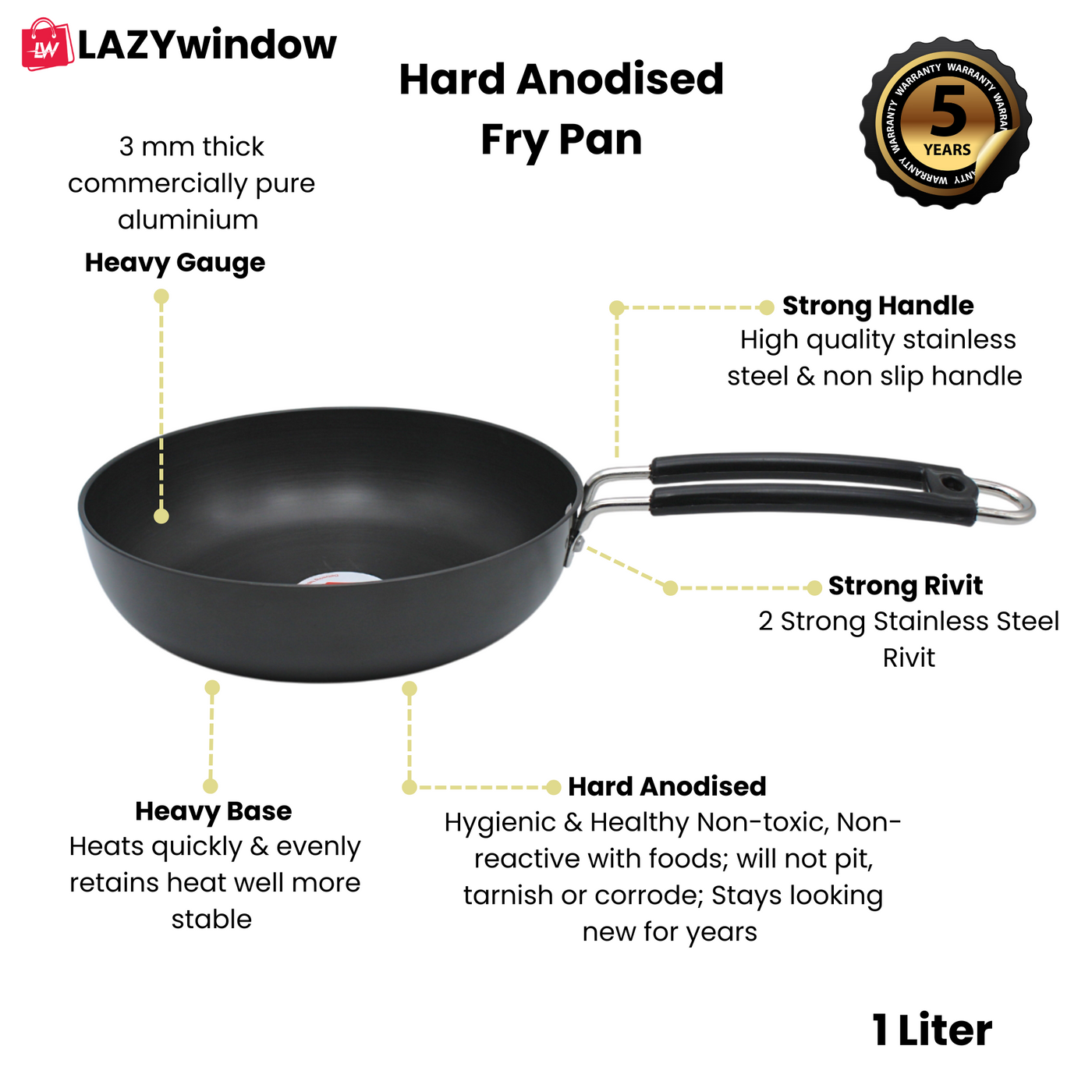 LAZYwindow Superior Quality Hard Anodised Fry Pan - 1 Ltr. (Black) | Induction Base & Long-Lasting