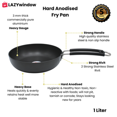 LAZYwindow Superior Quality Hard Anodised Fry Pan - 1 Ltr. (Black) | Induction Base & Long-Lasting
