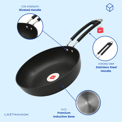 LAZYwindow Superior Quality Hard Anodised Fry Pan - 1 Ltr. (Black) | Induction Base & Long-Lasting