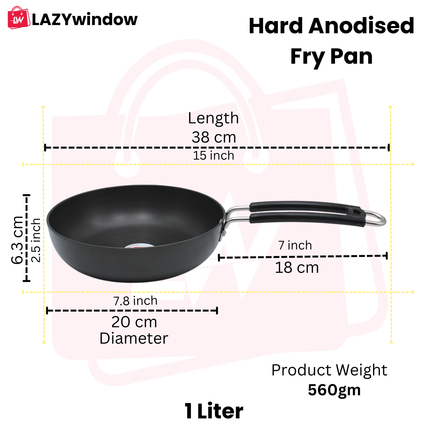 LAZYwindow Superior Quality Hard Anodised Fry Pan - 1 Ltr. (Black) | Induction Base & Long-Lasting