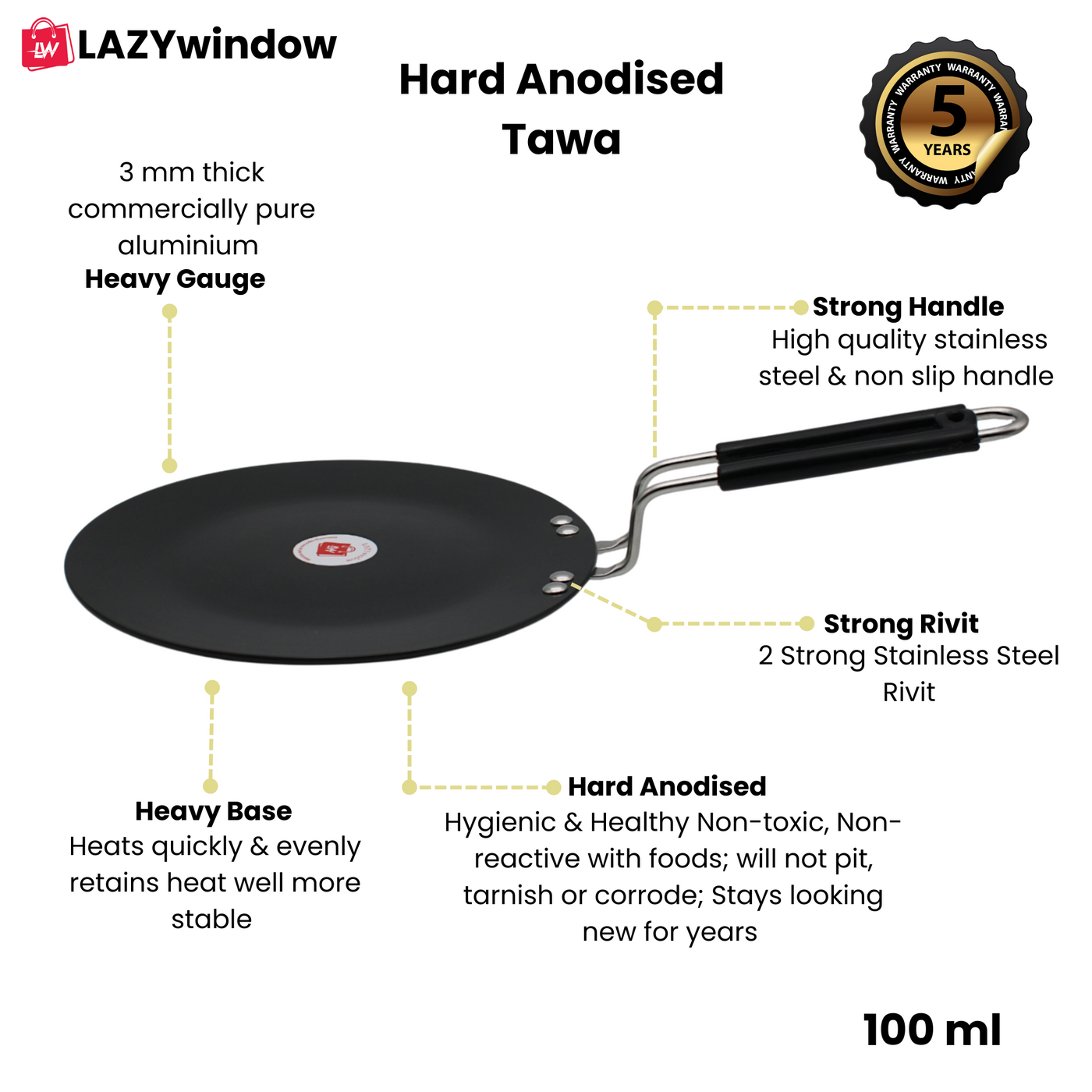 LAZYwindow Superior Quality Hard Anodised Roti Tawa (Black) | Inducton Base & Long-Lasting