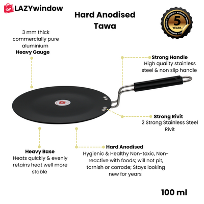 LAZYwindow Superior Quality Hard Anodised Roti Tawa (Black) | Inducton Base & Long-Lasting