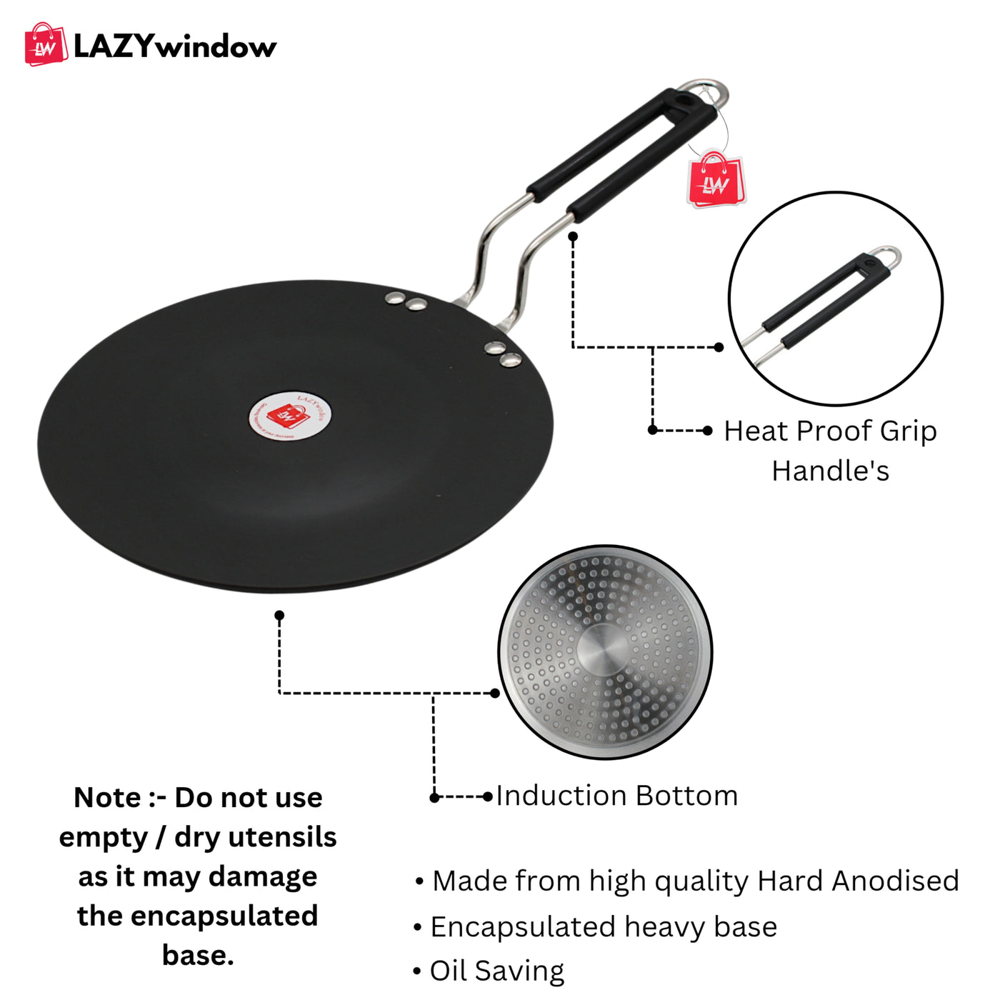 LAZYwindow Superior Quality Hard Anodised Roti Tawa (Black) | Inducton Base & Long-Lasting