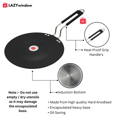 LAZYwindow Superior Quality Hard Anodised Roti Tawa (Black) | Inducton Base & Long-Lasting