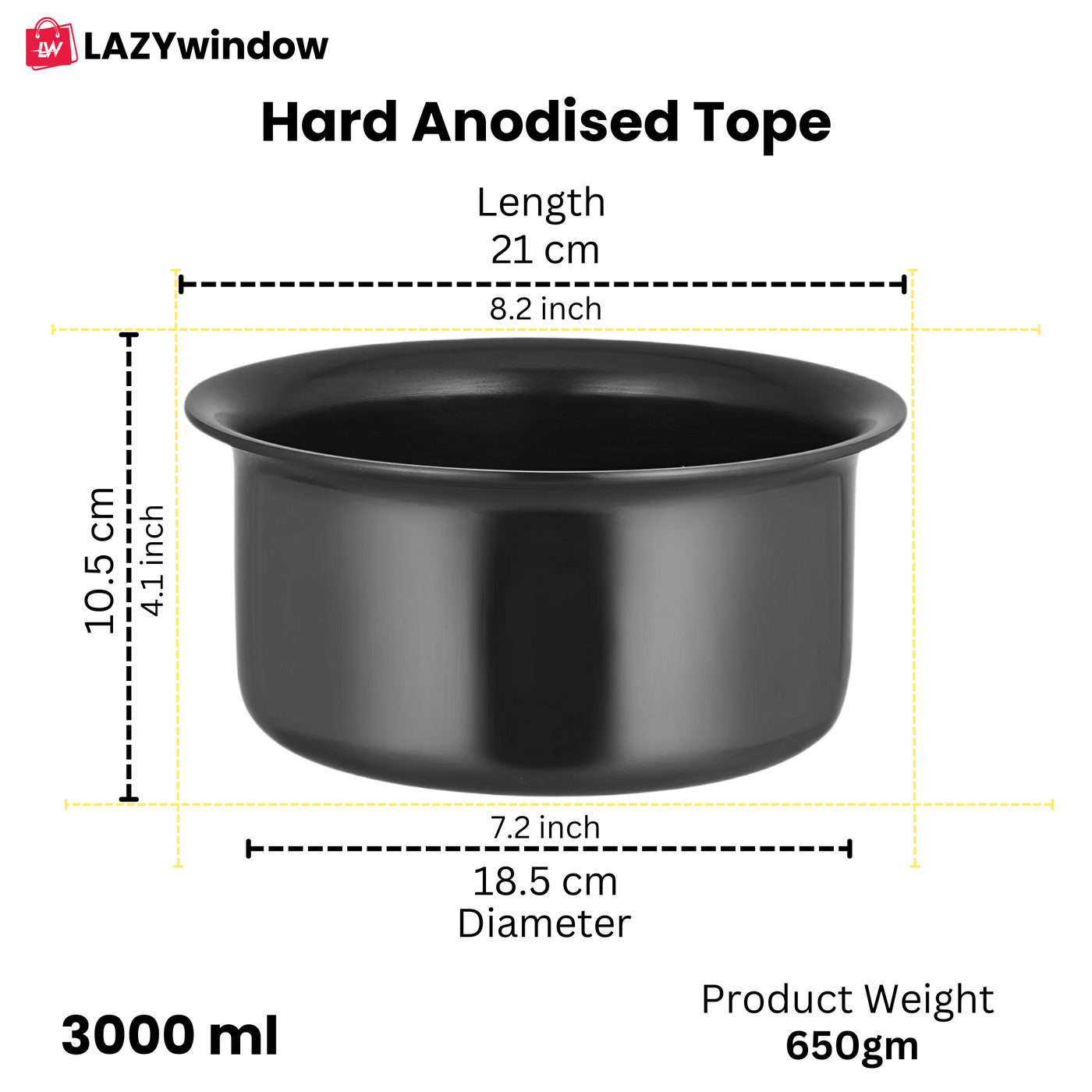 LAZYwindow Superior Quality Hard Anodised Tope - 3 Ltr. (Black) | Induction Base & Long-Lasting