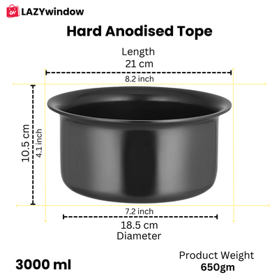 LAZYwindow Superior Quality Hard Anodised Tope - 3 Ltr. (Black) | Induction Base & Long-Lasting