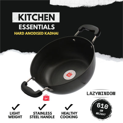 LAZYwindow Superior Quality Hard Anodised Kadhai, Dia - 20cm, 1.5 Ltr. (Black) | Induction Base & Long-Lasting