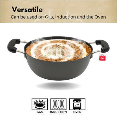 LAZYwindow Superior Quality Hard Anodised Kadhai, Dia - 20cm, 1.5 Ltr. (Black) | Induction Base & Long-Lasting