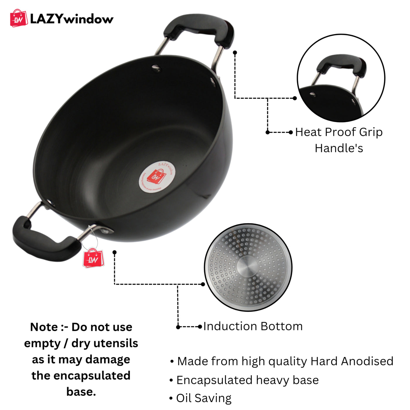 LAZYwindow Superior Quality Hard Anodised Kadhai, Dia - 20cm, 1.5 Ltr. (Black) | Induction Base & Long-Lasting