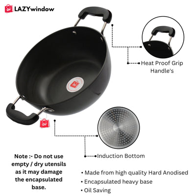 LAZYwindow Superior Quality Hard Anodised Kadhai, Dia - 20cm, 1.5 Ltr. (Black) | Induction Base & Long-Lasting