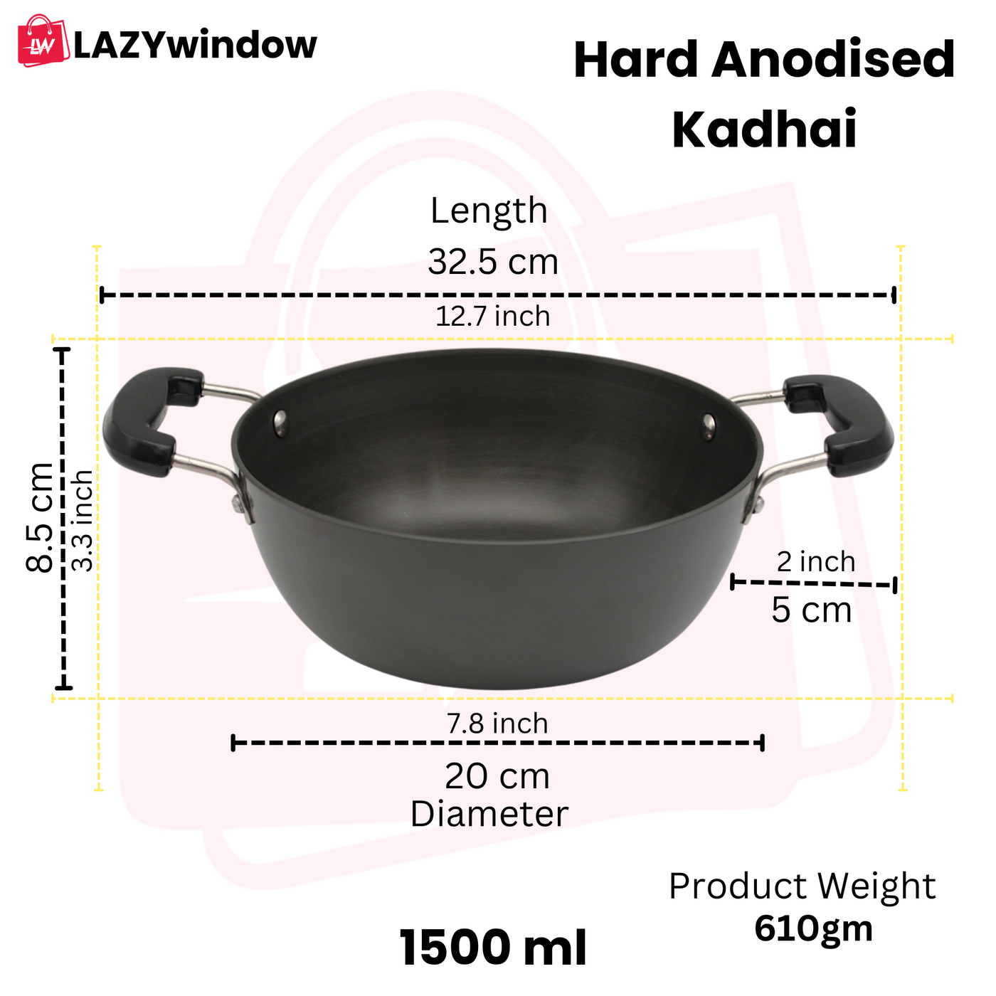 LAZYwindow Superior Quality Hard Anodised Kadhai, Dia - 20cm, 1.5 Ltr. (Black) | Induction Base & Long-Lasting
