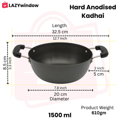 LAZYwindow Superior Quality Hard Anodised Kadhai, Dia - 20cm, 1.5 Ltr. (Black) | Induction Base & Long-Lasting