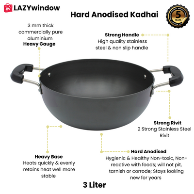 LAZYwindow Superior Quality Hard Anodised Kadhai, Dia - 25.5cm, 3 Ltr. (Black) | Induction Base & Long-Lasting