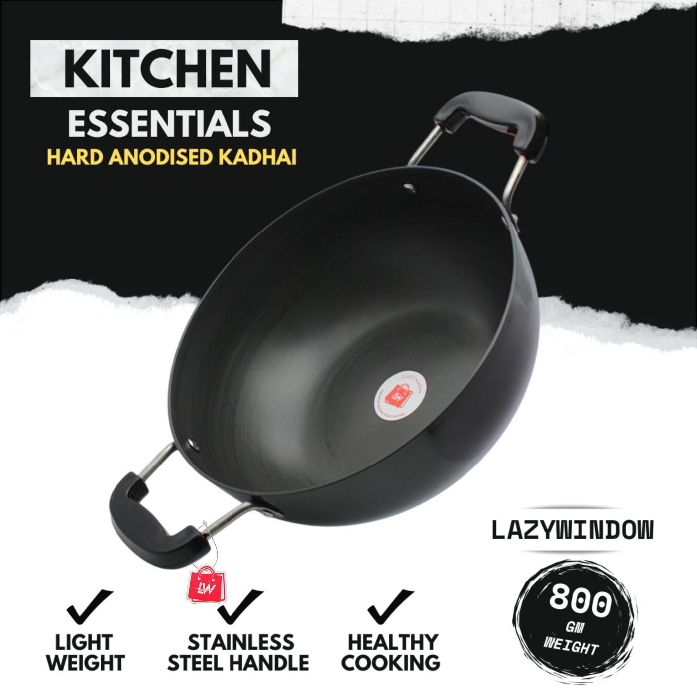 LAZYwindow Superior Quality Hard Anodised Kadhai, Dia - 25.5cm, 3 Ltr. (Black) | Induction Base & Long-Lasting