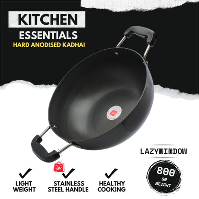 LAZYwindow Superior Quality Hard Anodised Kadhai, Dia - 25.5cm, 3 Ltr. (Black) | Induction Base & Long-Lasting