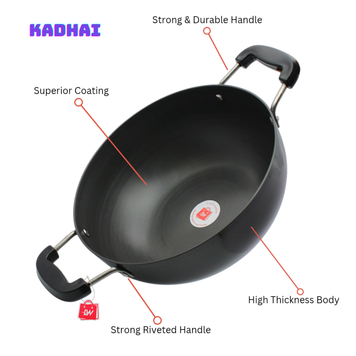 LAZYwindow Superior Quality Hard Anodised Kadhai, Dia - 25.5cm, 3 Ltr. (Black) | Induction Base & Long-Lasting