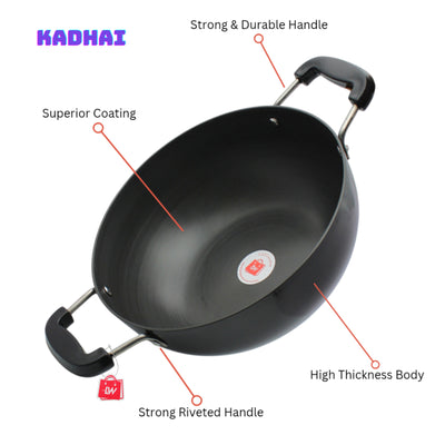 LAZYwindow Superior Quality Hard Anodised Kadhai, Dia - 25.5cm, 3 Ltr. (Black) | Induction Base & Long-Lasting