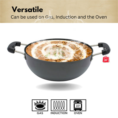 LAZYwindow Superior Quality Hard Anodised Kadhai, Dia - 25.5cm, 3 Ltr. (Black) | Induction Base & Long-Lasting