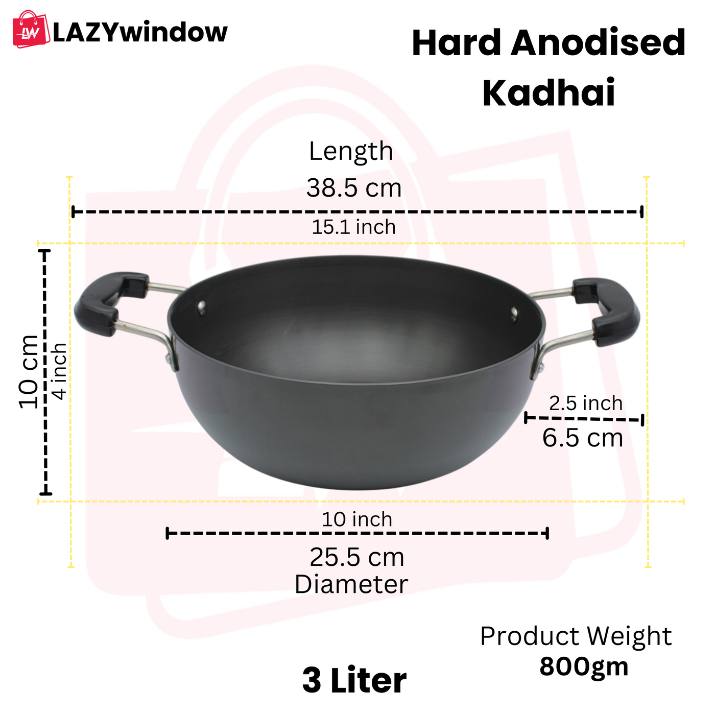LAZYwindow Superior Quality Hard Anodised Kadhai, Dia - 25.5cm, 3 Ltr. (Black) | Induction Base & Long-Lasting