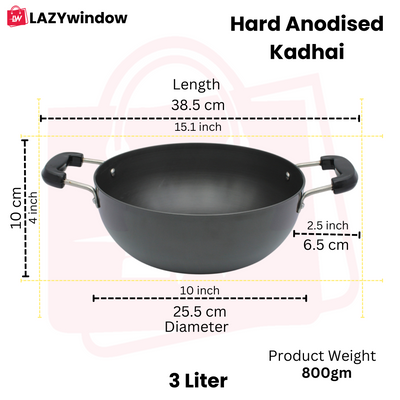 LAZYwindow Superior Quality Hard Anodised Kadhai, Dia - 25.5cm, 3 Ltr. (Black) | Induction Base & Long-Lasting