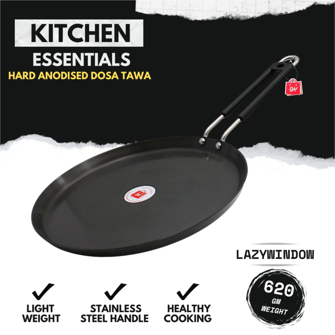 LAZYwindow Superior Quality Hard Anodised Dosa Tawa, Dia - 27.5cm, 750ml (Black) | Induction Base & Long-Lasting