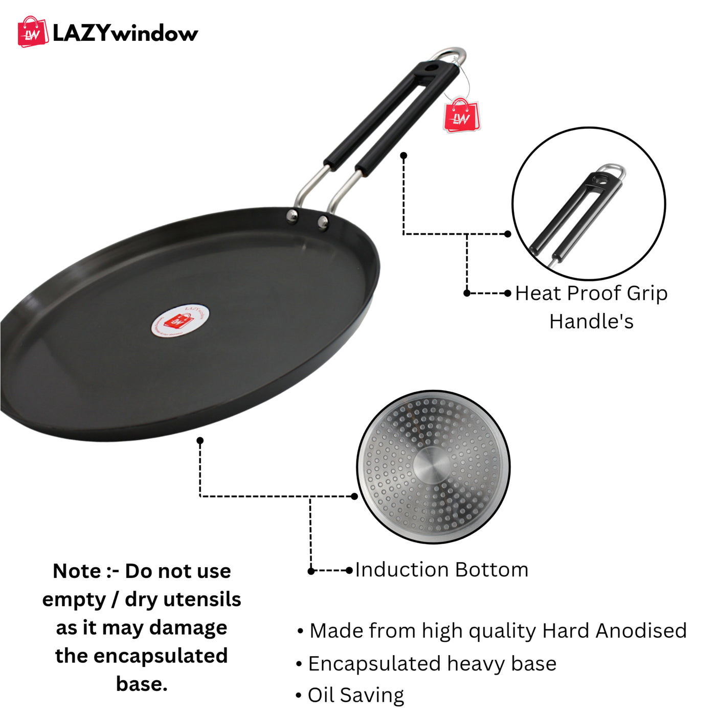 LAZYwindow Superior Quality Hard Anodised Dosa Tawa, Dia - 27.5cm, 750ml (Black) | Induction Base & Long-Lasting