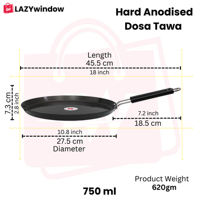 LAZYwindow Superior Quality Hard Anodised Dosa Tawa, Dia - 27.5cm, 750ml (Black) | Induction Base & Long-Lasting