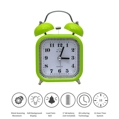 LAZYwindow Twin Bell Analog Alarm Clock | Loud Ring | Retro Table Clock for Bedroom & Office Multicolor (Square Shape)
