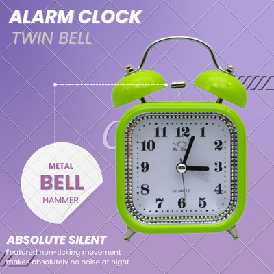 LAZYwindow Twin Bell Analog Alarm Clock | Loud Ring | Retro Table Clock for Bedroom & Office Multicolor (Square Shape)
