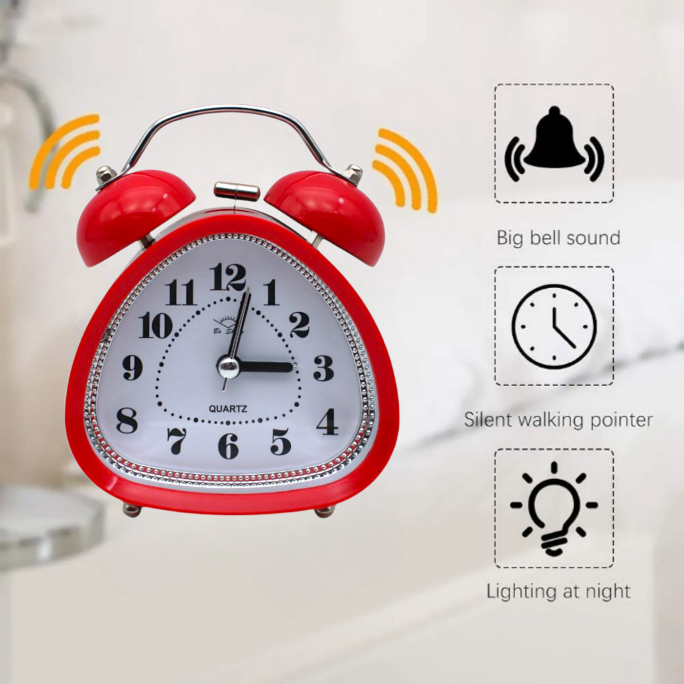 LAZYwindow Twin Bell Analog Alarm Clock | Loud Ring | Retro Table Clock for Bedroom & Office Multicolor (Triangle Shape)
