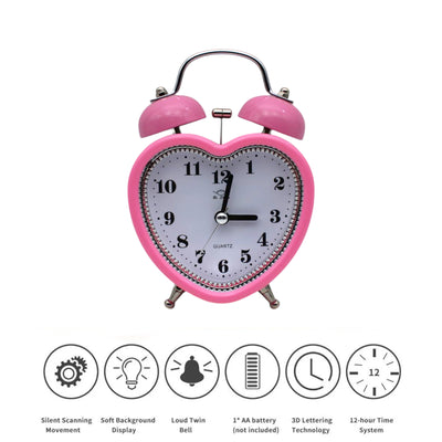 LAZYwindow Twin Bell Analog Alarm Clock | Loud Ring | Retro Table Clock for Bedroom & Office Multicolor (Heart Shape)